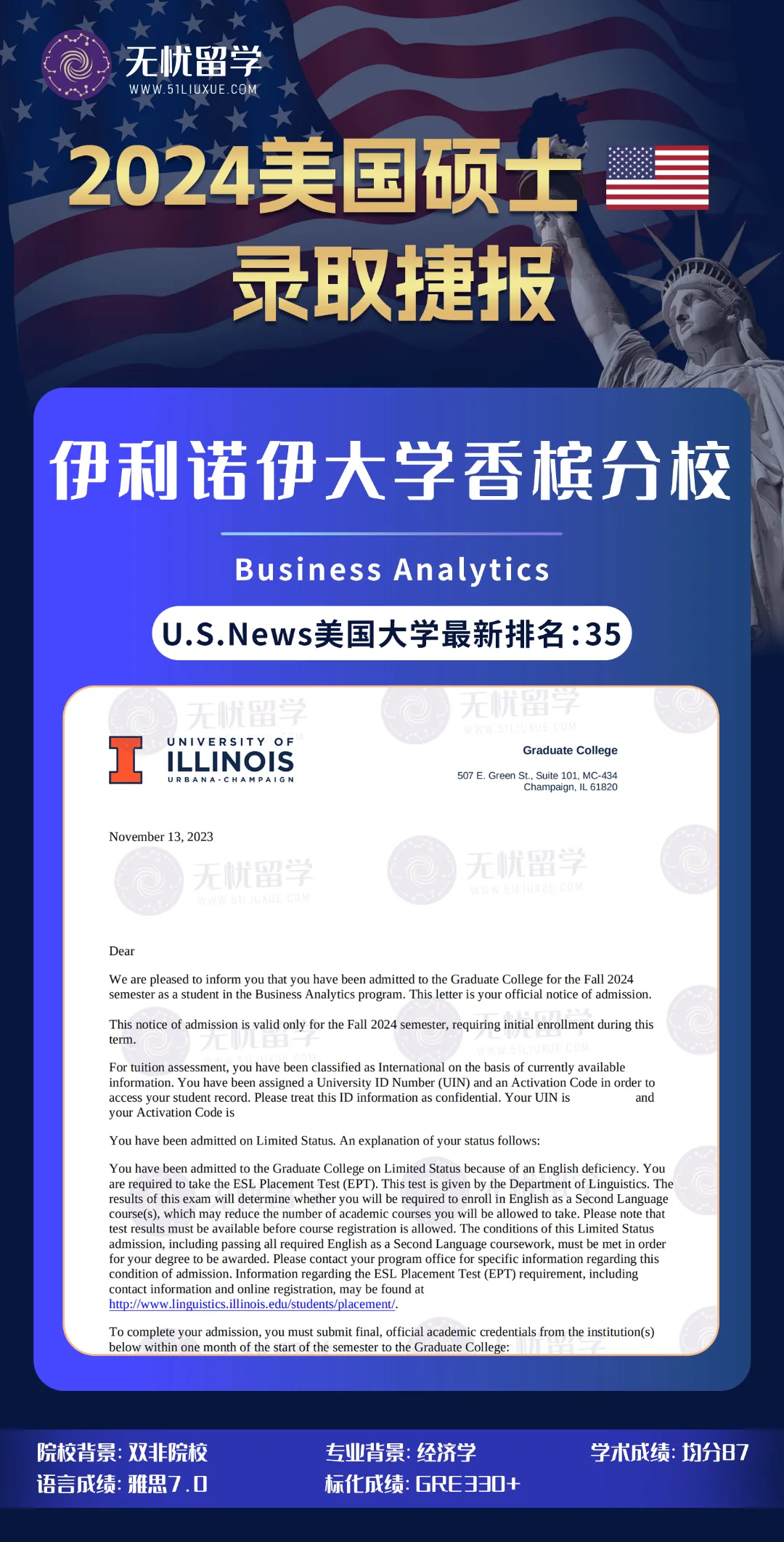 2024美国硕士录取：伊利诺伊大学香槟分校商业分析硕士offer！